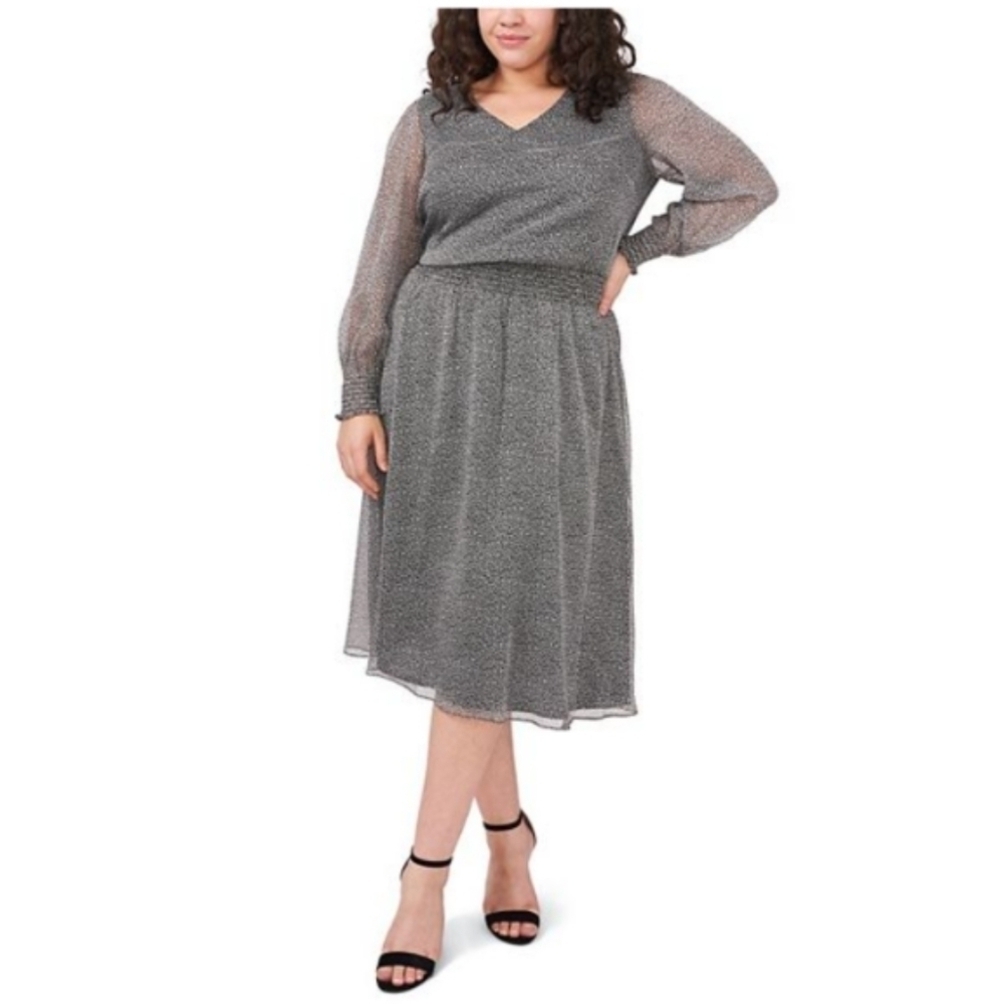 Chaus Long Sleeve Smocked Waist Black White Dress Plus Size 3X